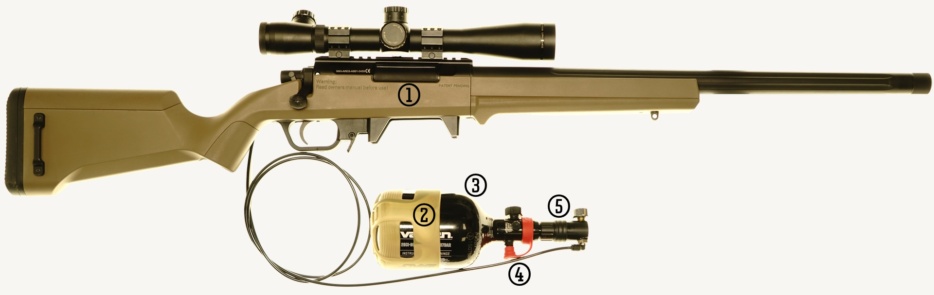 Sniper Mancraft HPA rifle based on Ares Amoeba with SDiK Engine inside. Complete example Mancraft build with Micro HPA Line and Valken HPA Tank.